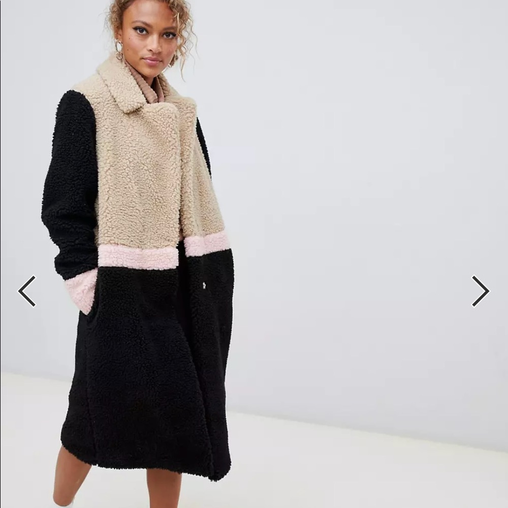New Look / ASOS borg coat in color block black & pink